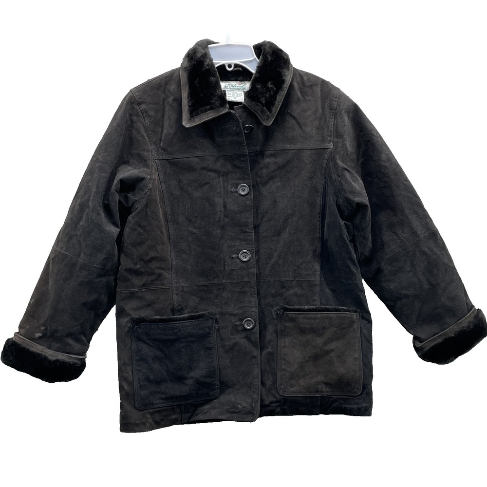 Haband Barn Chore Leather Jacket Women's Med Fur Collar Shearling Trim Work Coat